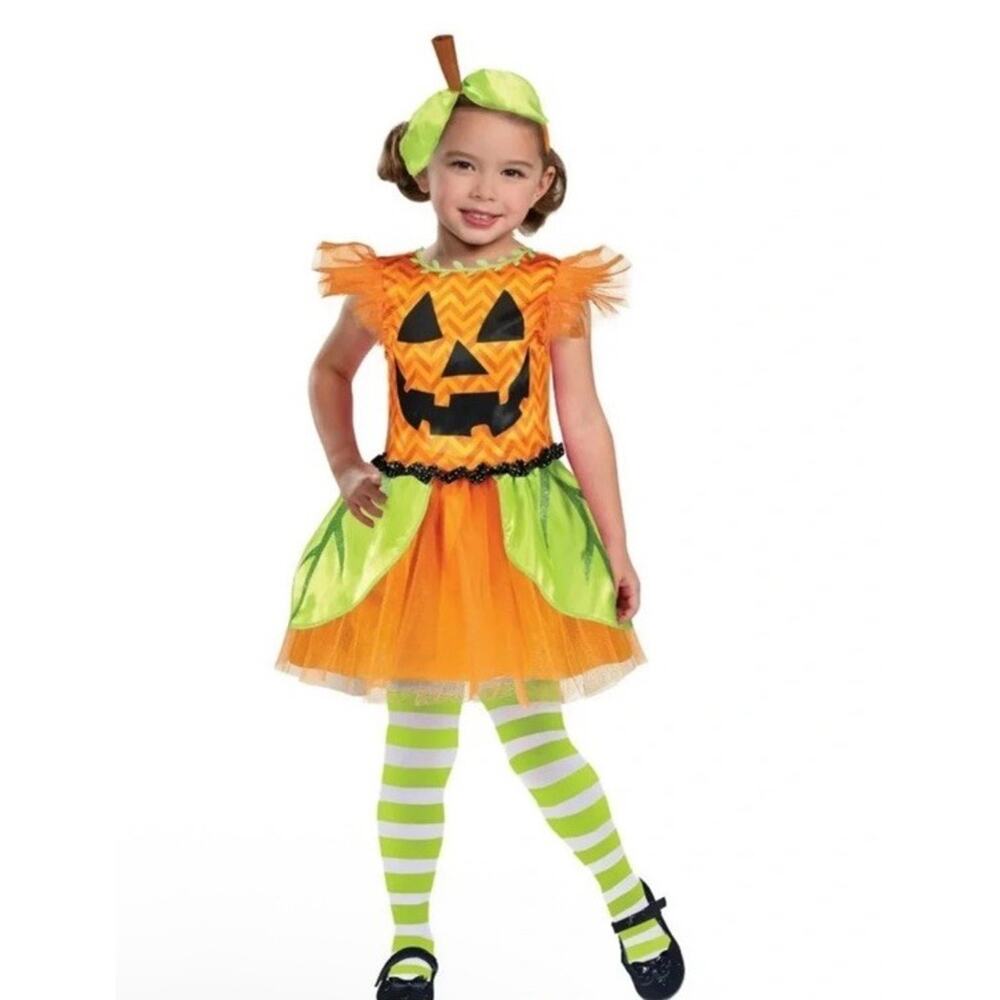 Girls Way to Celebrate Pumpkin Dress Up Halloween Costume Size 6/6X Headband NEW